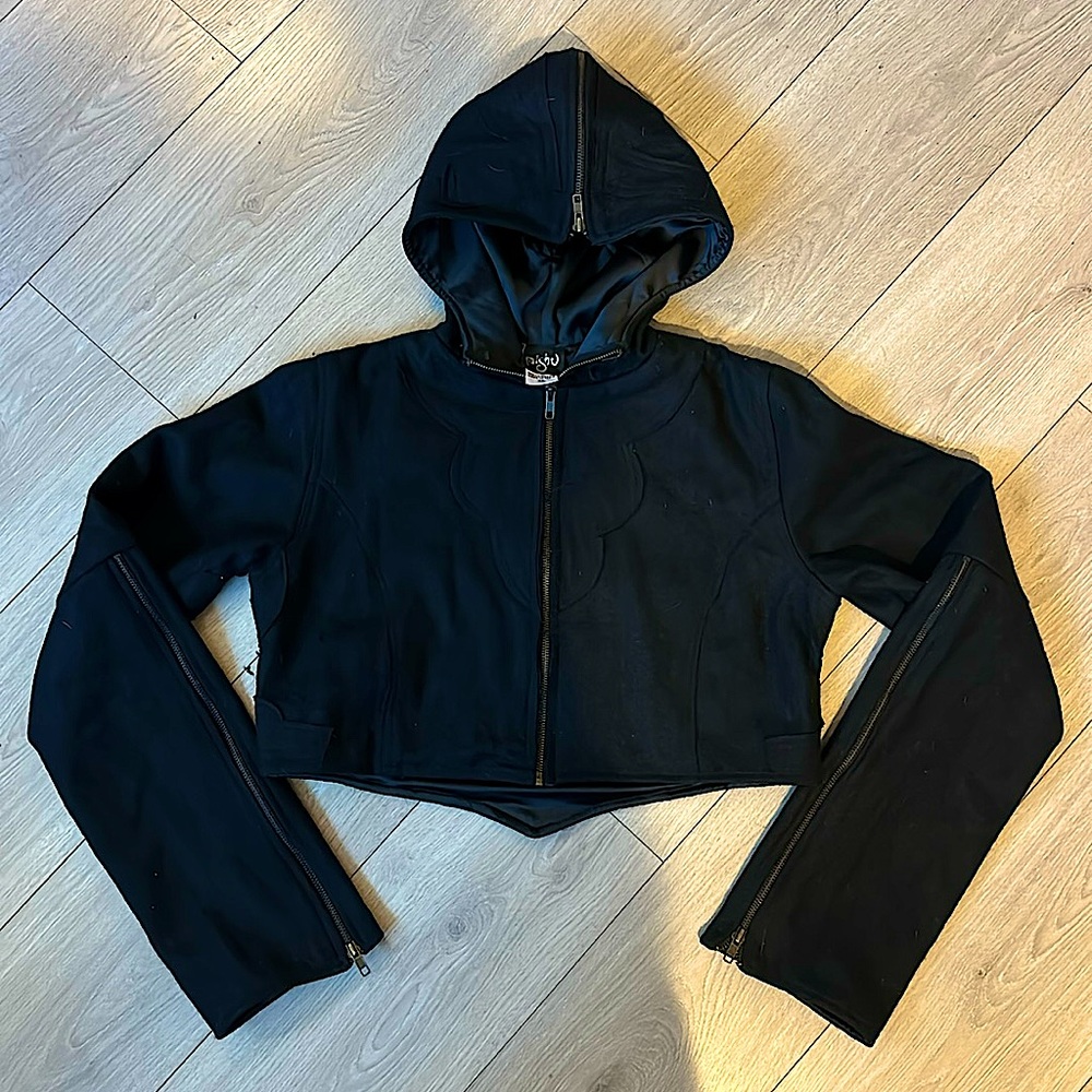 Mishu Cropped Black Wool Coat with Zipper Hood